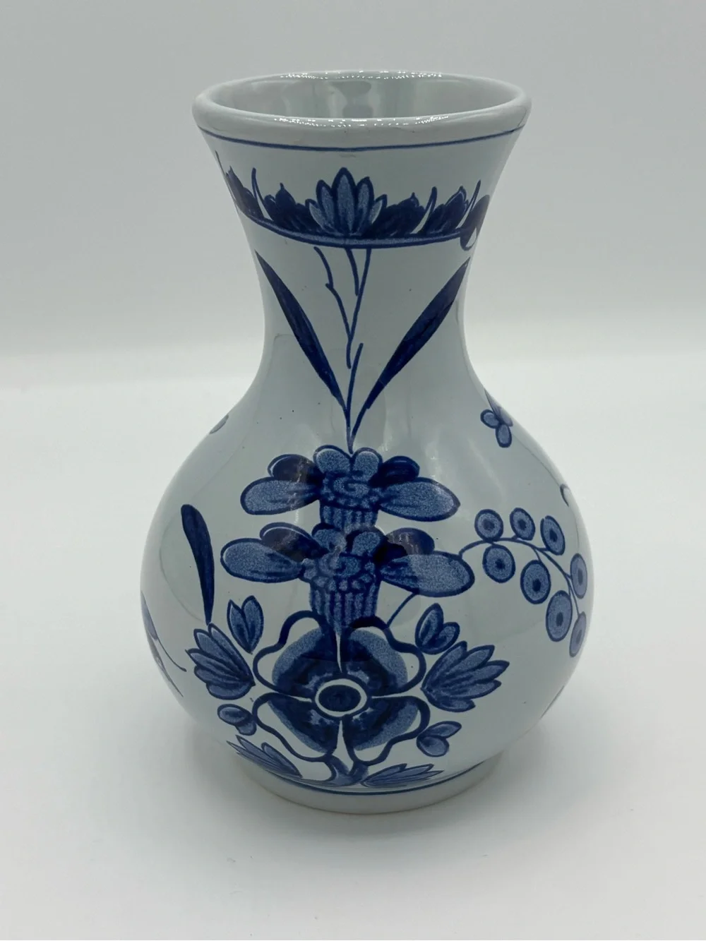 Vintage Delft Style Blue & White Floral Butterfly Ceramic Bud Vase 5”